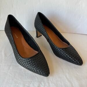 New $139 Andre Assous Women's Leather Wynne Woven Heel Pumps 11 Black Cushion